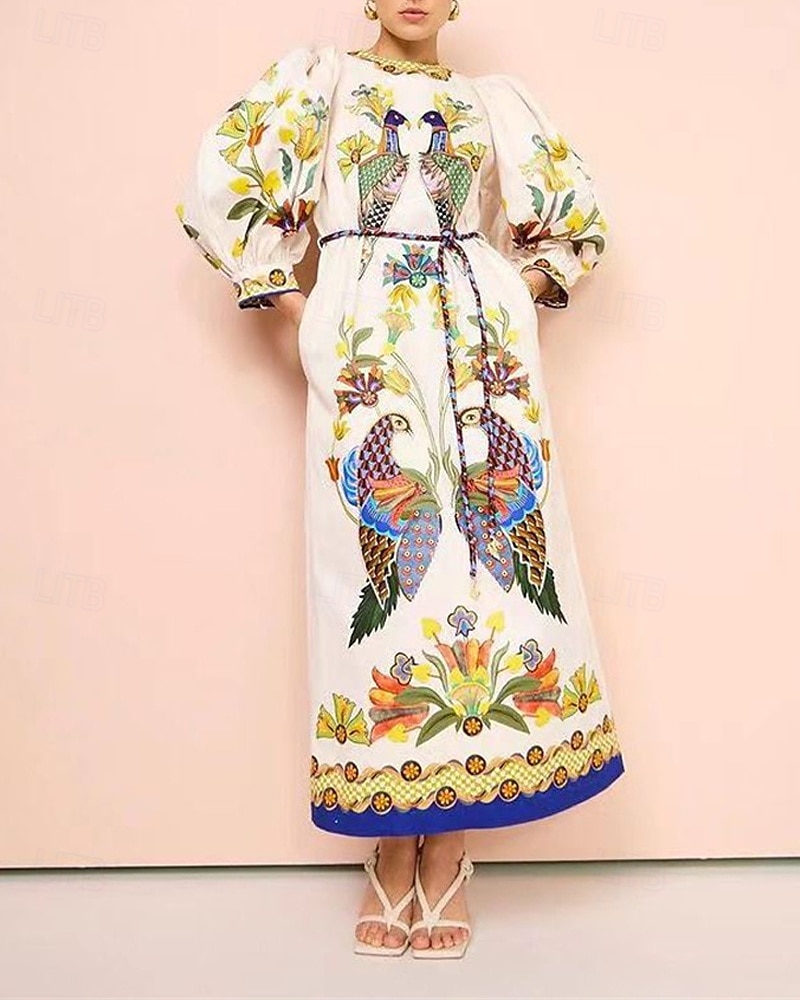 Damen Langes Kleid Maxikleid Baumwoll-Leinen-Kleider Freizeitkleid Mode Outdoor Party Ferien Normale Passform Tiermotiv Langarm Rundhalsausschnitt Beige Sommer 2025 - $42.99 –P1