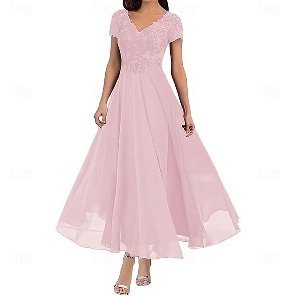 A-Linie Brautmutterkleid Elegant V Ausschnitt Bodenlang Polyester Kurzarm mit Einfarbig 2025 2025 - $119.99 –P19