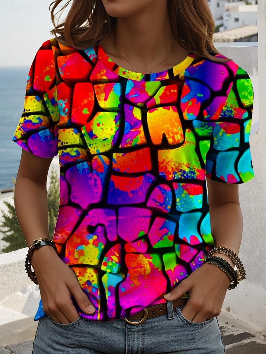 LGBT Pride Parade Pride Raindow Women's T Shirt Graphic Geometric Striped Vintage Stylish Classic Short Sleeve Crew Neck Regular Tops Daily Print Yellow Red Purple Summer Spring 2026 - $22.99 –P1