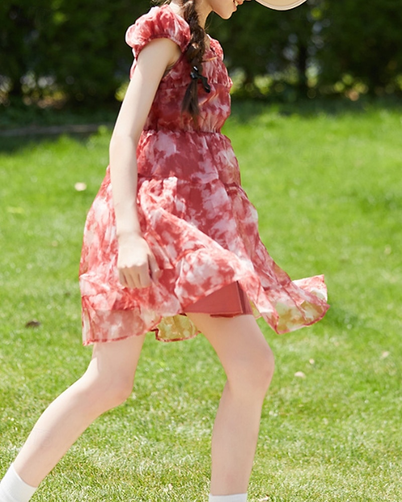 Kids Girls' Dress Flower Short Sleeve Outdoor Ruched Fashion Adorable Polyester Knee-length Casual Dress Floral Dress Summer 4 years+ Red 2025 - $51.99 –P5