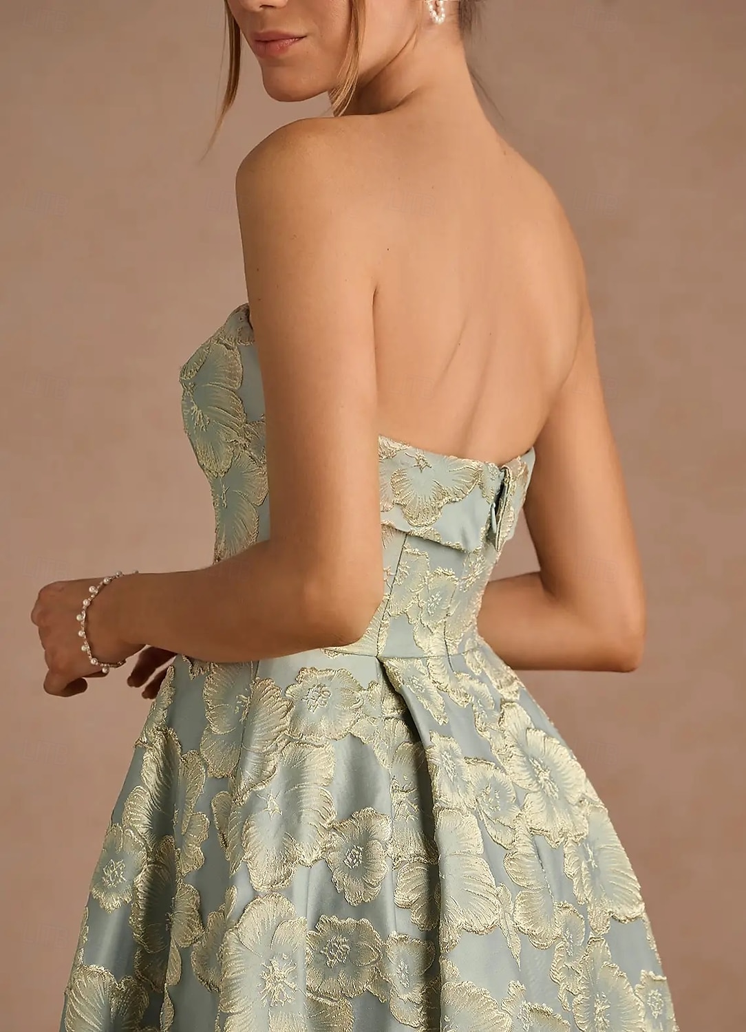 Virágos jacquard A-vonalú koktélruhák elegáns ruha formális eljegyzés tea hosszú midi hosszú ujjatlan pánt nélküli redőkkel 2025 - $159.99 –P7