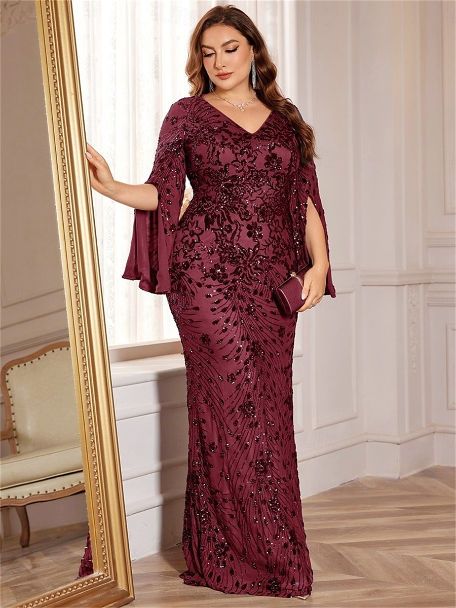 Abiti Plus Size Sirena  Tromba Elegante Abito Curvilineo Formale Matrimonio Lunghezza Piena a Manica Lunga con Scollatura a V in Paillettes con Paillettes del 2025 a $159.99 –P6