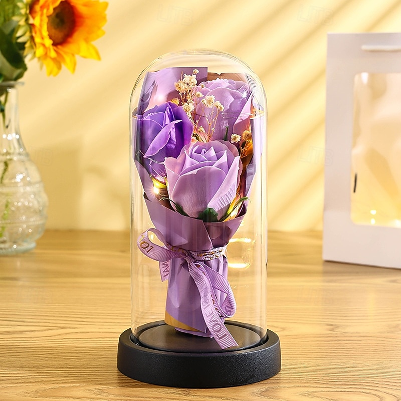 El ramo de rosas eternas, regalo para mamá, flores de jabón preservadas en cúpula de vidrio con luz, decoración de cumpleaños del día de la madre para mujeres 2026 - $15.99 –P18