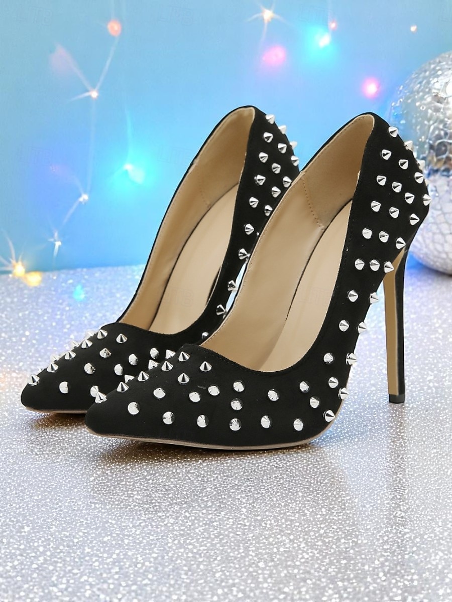 tocuri stiletto negre pentru femei cu accesorii cu ținte - tocuri înalte cu vârful ascuțit pentru petreceri în viața de noapte și cluburi 2025 - $54.99 –P1