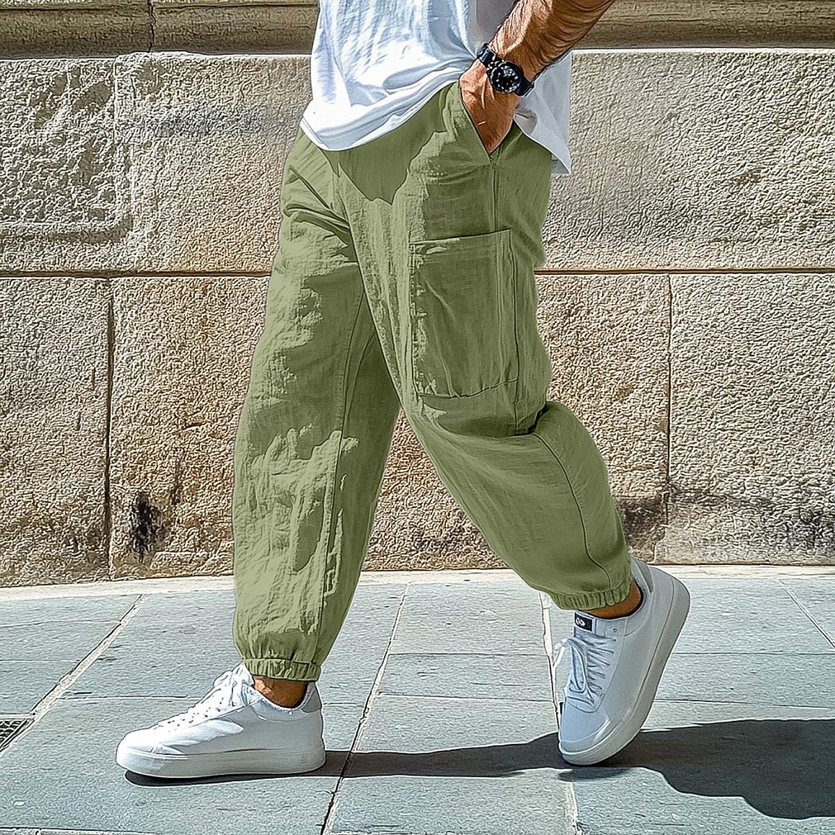 Męskie Lniane spodnie Spodnie Letnie spodnie Luźne spodnie Elastyczny mankiet Równina Komfort Oddychający Pełna długość Codzienny Święto Urlop Moda Czarny Biały 2025 - $23.99 –P1