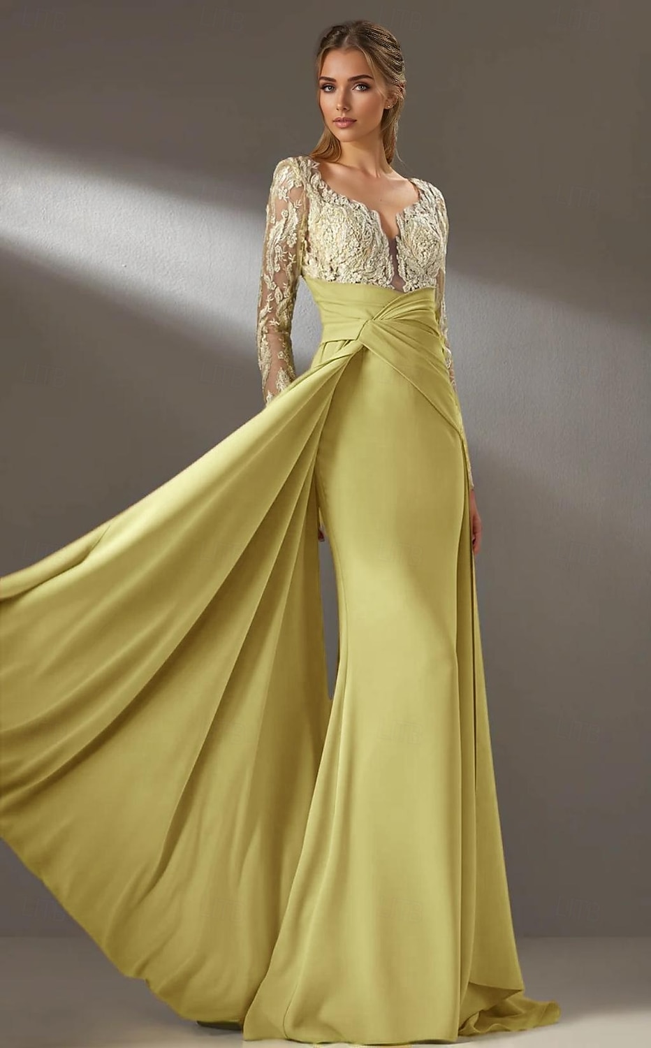 gelbes Kleid Meerjungfrau / Trompete Abendkleid elegantes Kleid formelle Hochzeit Sweep / Pinsel Schleppe lange Ärmel V-Ausschnitt Chiffon gerüschte Details mit Perlen Stickerei Applikation 2025 2025 - $169.99 –P1