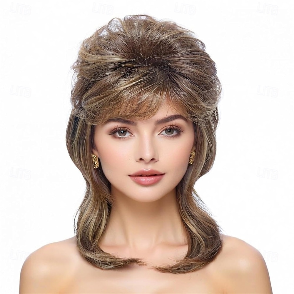 Mullet paruky pro ženy kudrnaté syntetické odolné vůči teplu vlasy po ramena 80. léta rocker cosplay paruky (blond smíchané s černou) Halloween paruky 2025 - $24.99 –P3