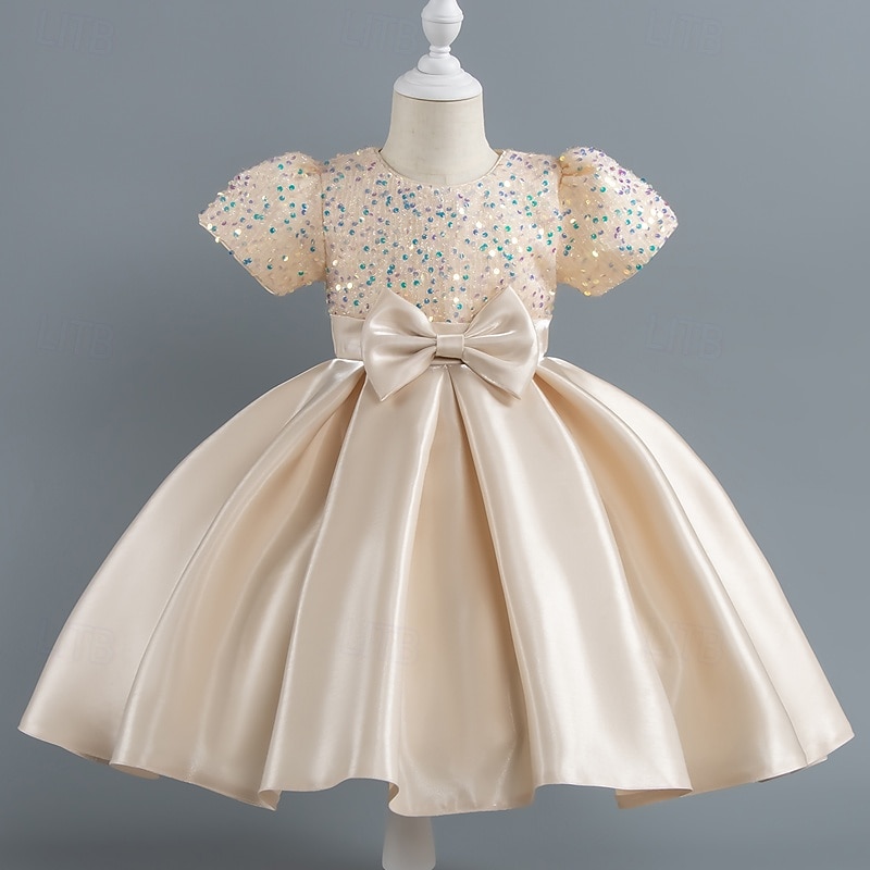 Tout-petit Fille Robe de Soirée Paillettes Manche Courte Mariage Soirée Paillettes Fermeture éclair Noeud de cravate Actif Adorable Polyester Mi-long Robe de Soirée Été Printemps Automne 4-7 ans de 2025 ? $30.99 –P1