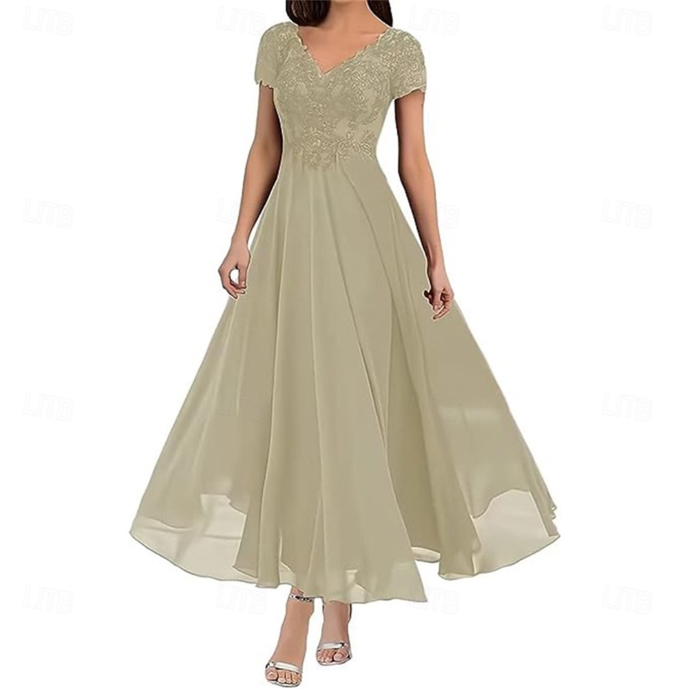 A-Linie Brautmutterkleid Elegant V Ausschnitt Bodenlang Polyester Kurzarm mit Einfarbig 2025 2025 - $119.99 –P12
