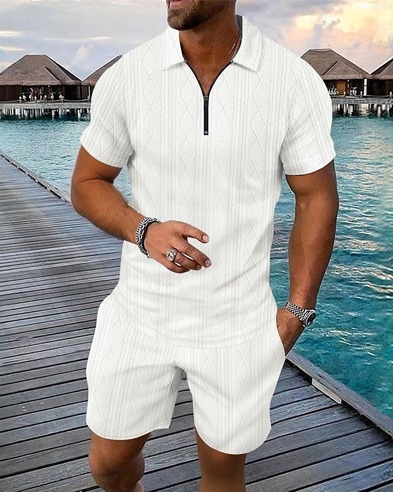 Men's Quarter Zip Polo Golf Shirt Daily Holiday Lapel Short Sleeve Fashion Basic Plain 2 Piece Jacquard Summer Regular Fit Black White Blue Khaki Army Green Gray Quarter Zip Polo 2025 - $32.99 –P1
