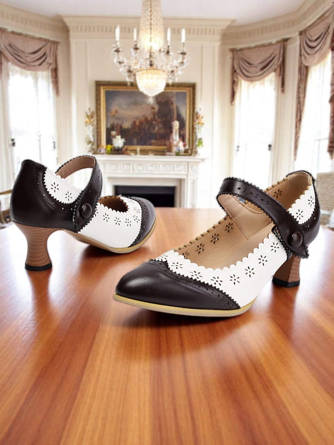 Women's 1900s Edwardian Vintage Gatsby Mary Jane Shoes-Green and White Leather Cutout Heels with Scalloped Edge, Perfect for Historical Costumes, Retro Parties, and Daily Wear 2026 - $54.99 –P8