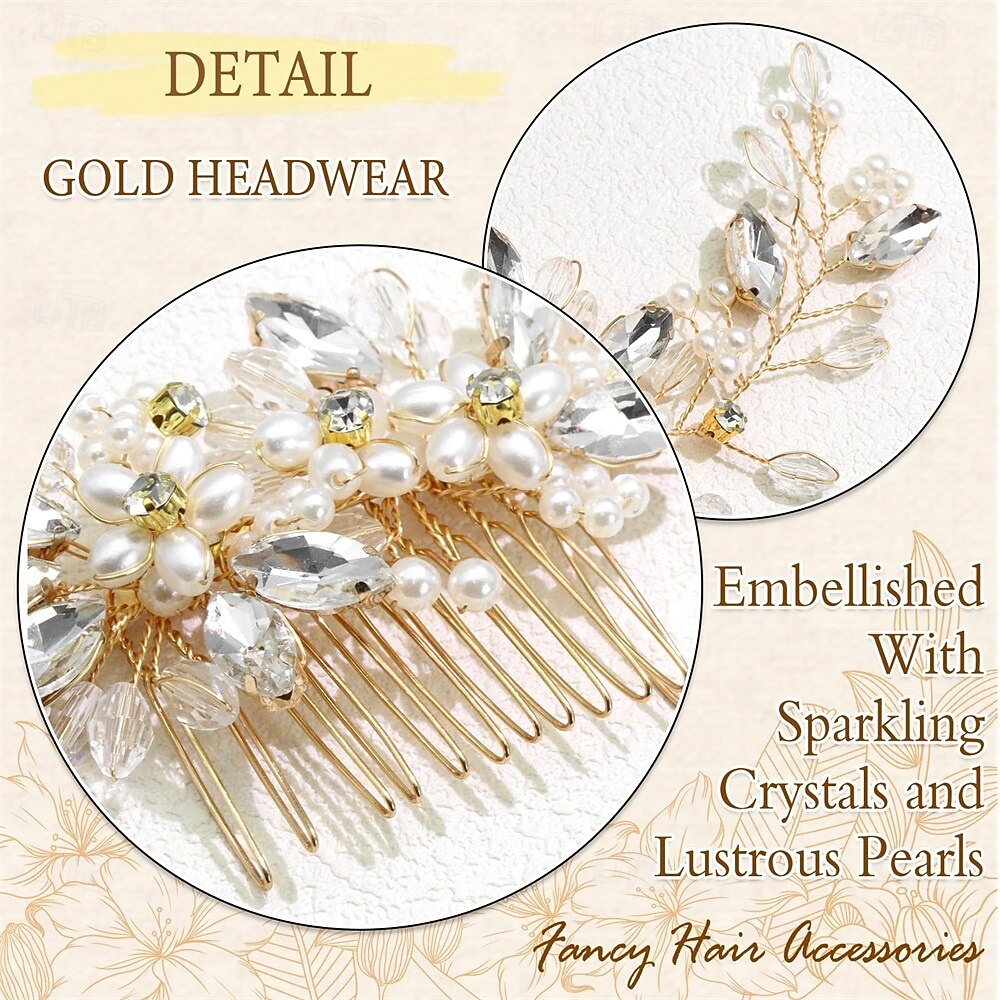Wedding Hair Piece Sparkly Crystal Hair Side Comb Gold Bridal Pearl Headwear Bride Bridesmaid Flower Headdress for Women and Girls 2026 - $10.99 –P4