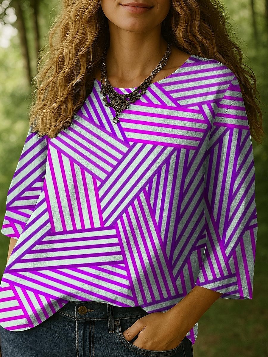 Dame Bluse Grafisk Stripet Bohem Årgang 3/4 ermer Crew-hals Vanlige topper Daglig Ferie Trykt mønster Blå Lilla Grønn Sommer Vår 2025 - $27.99 –P4