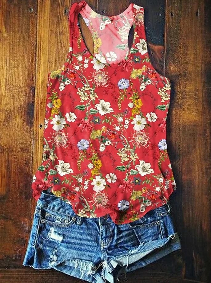 Kvinne Top Tank Topp Sommer Topper Blomster Grafikk Basic Uten Ermer V-Hals Vanlige Topper Trykk Rød Lilla Oransje Grønn Sommer Vår 2025 - $17.99 –P2