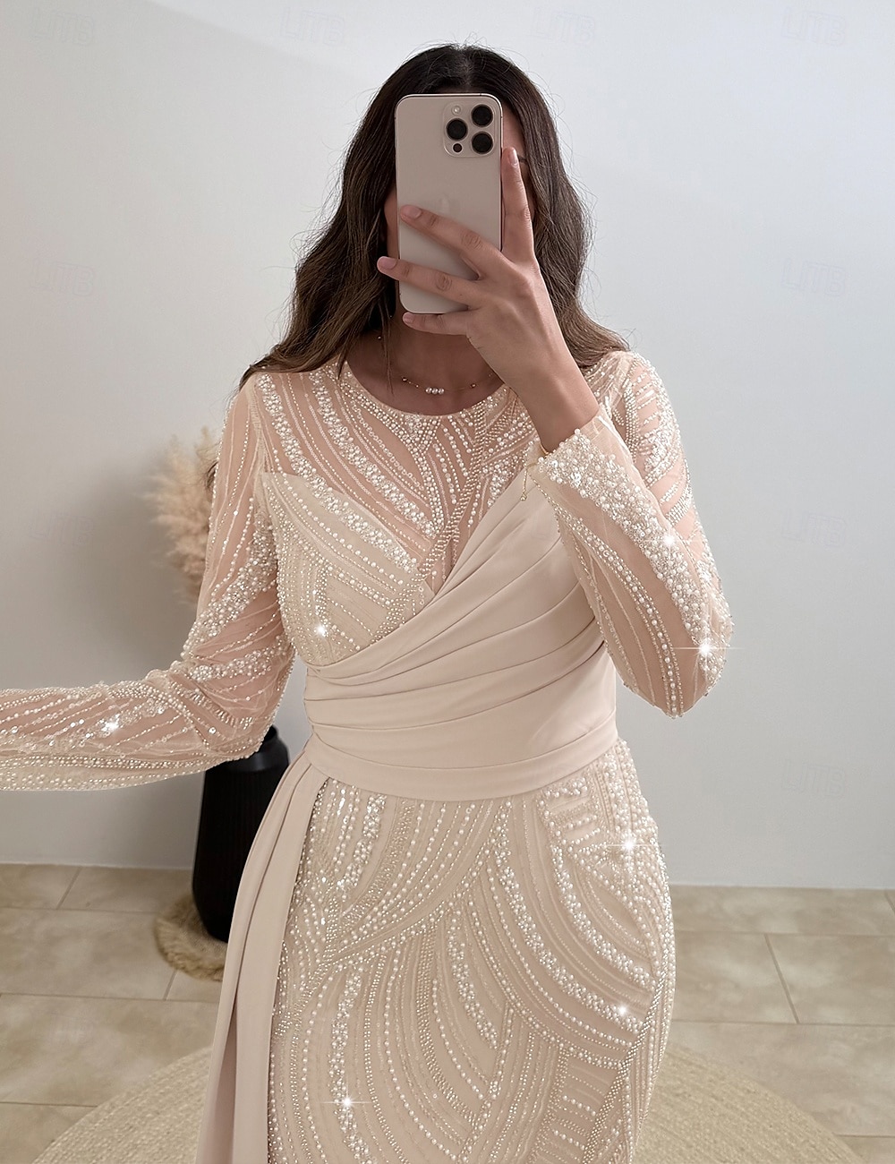 Robe de soirée colonne bleue élégante robe de carnaval formelle longueur de sol manches longues décolleté illusion sequins avec paillettes de 2025 ? $149.99 –P1