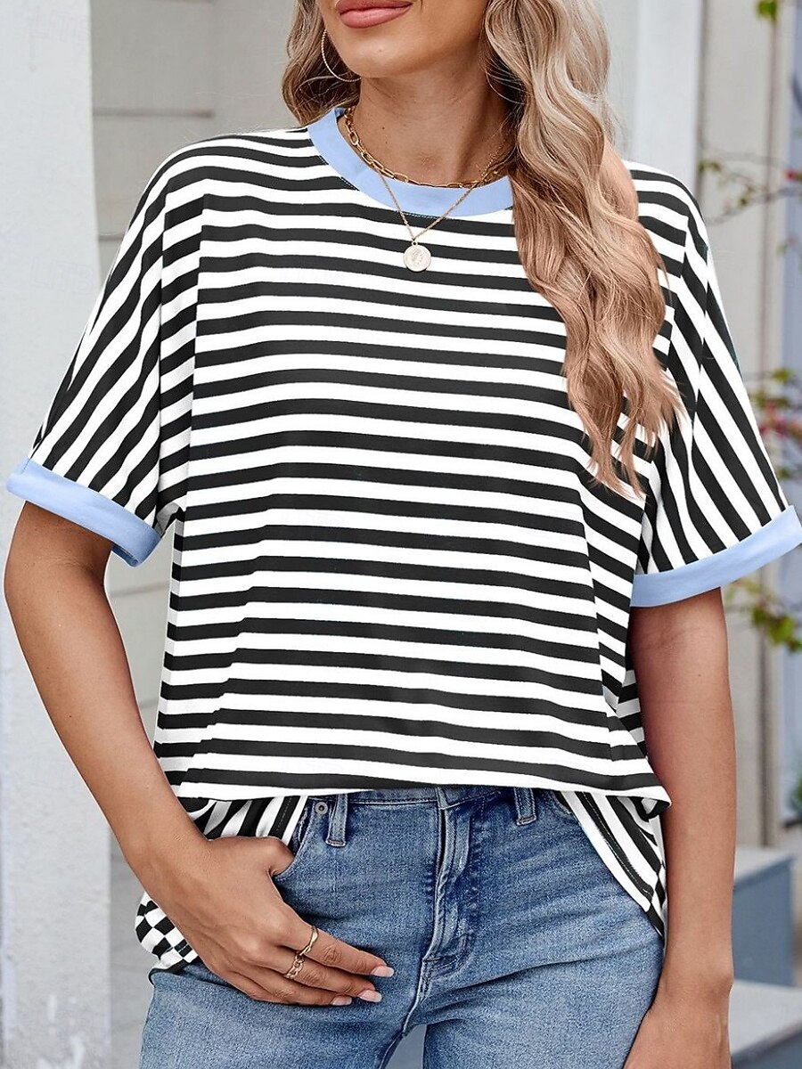 Femmes T-shirt Rayé Mode Élégant Moderne Manche Courte Col ras du cou Hauts Réguliers Quotidien Week-end Imprimé Noir Rouge Bleu Vert Été de 2025 ? $16.99 –P12