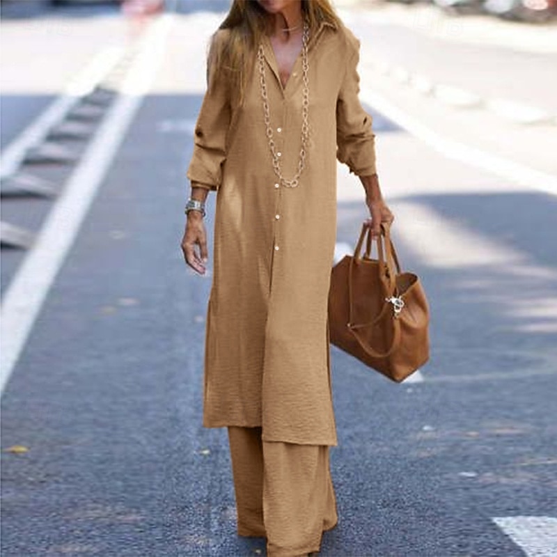 Femmes Actif Mode Chemisier Ensembles de Pantalons manche longue Col de chemise Couleur Unie Dubbele Rij Knopen Vacances Fête Vert Véronèse Bleu Marine Kaki Été Coupe régulière de 2025 ? $27.99 –P8