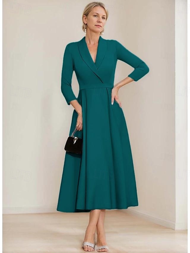 vestido blazer linha a mãe da noiva vestido crepe elegante simples lapela decote comprimento chá cetim manga 3/4 com cor sólida 2025 de 2025 por $169.99 –P9