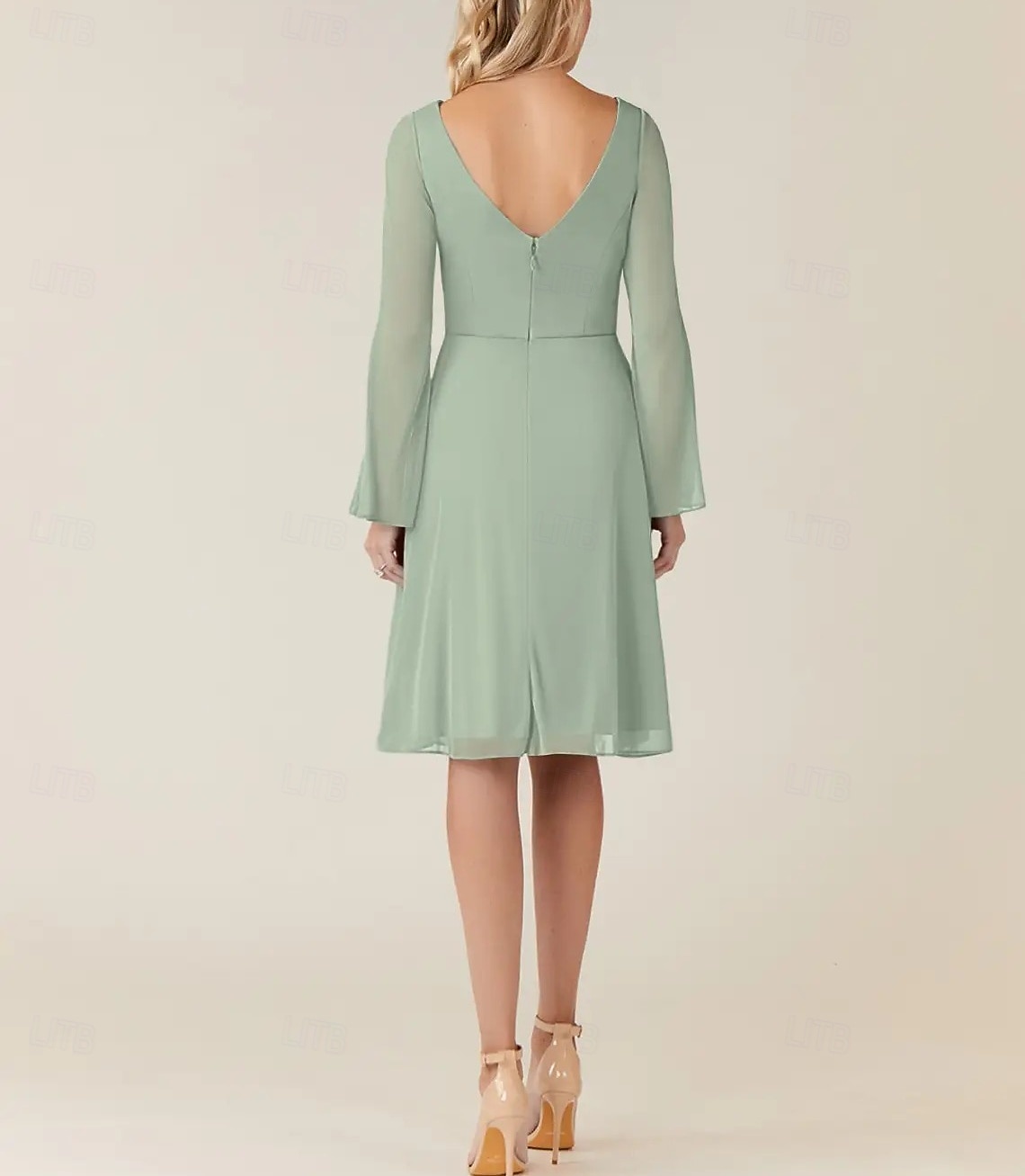 Vestido de dama de honra em corte A, decote em V, manga longa, elegante, comprimento até o joelho, chiffon com pregas / franzido 2025 de 2025 por $143.99 –P2