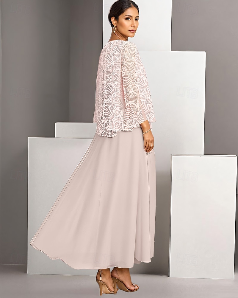 Zweiteiliges A-Linie Mutter der Braut Kleid Elegant Einfach Lässig Bootsausschnitt Knöchellang Chiffon Lange Ärmel mit Spitze 2025 - $132.99 –P2