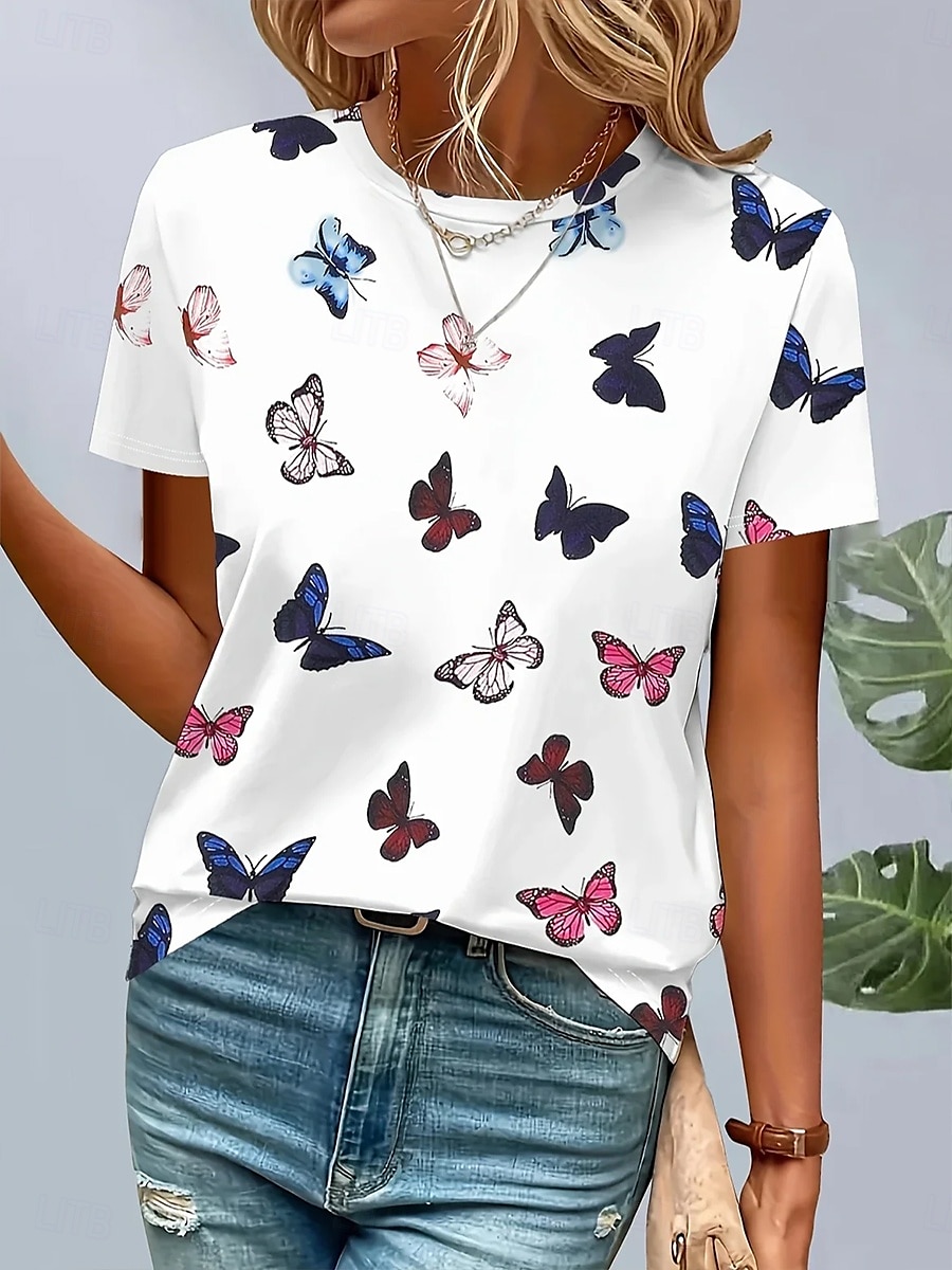 Women's T Shirt Graphic Animal Butterfly Vintage Stylish Classic Short Sleeve Crew Neck Round Neck Regular Tops Daily Weekend Print White Summer Spring 2025 - $19.99 –P3