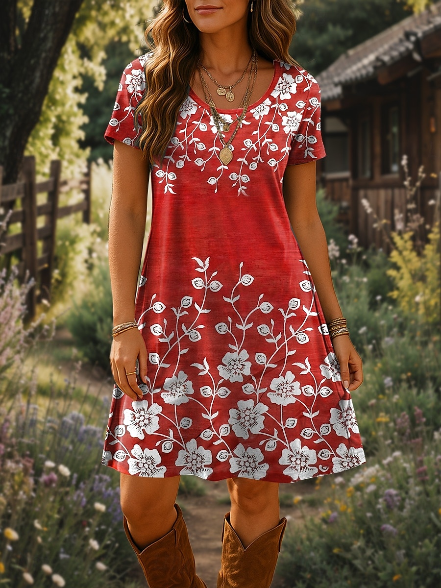 Damen Minikleid T-Shirt-Kleid A Linie Kleid Sommerkleid Urlaub Lässig Strand Täglich Ausgehen Strand Normale Passform Blumen Grafik Kurzarm Rundhalsausschnitt Rote Blau Purpur Grün Sommer Frühling 2025 - $23.99 –P3