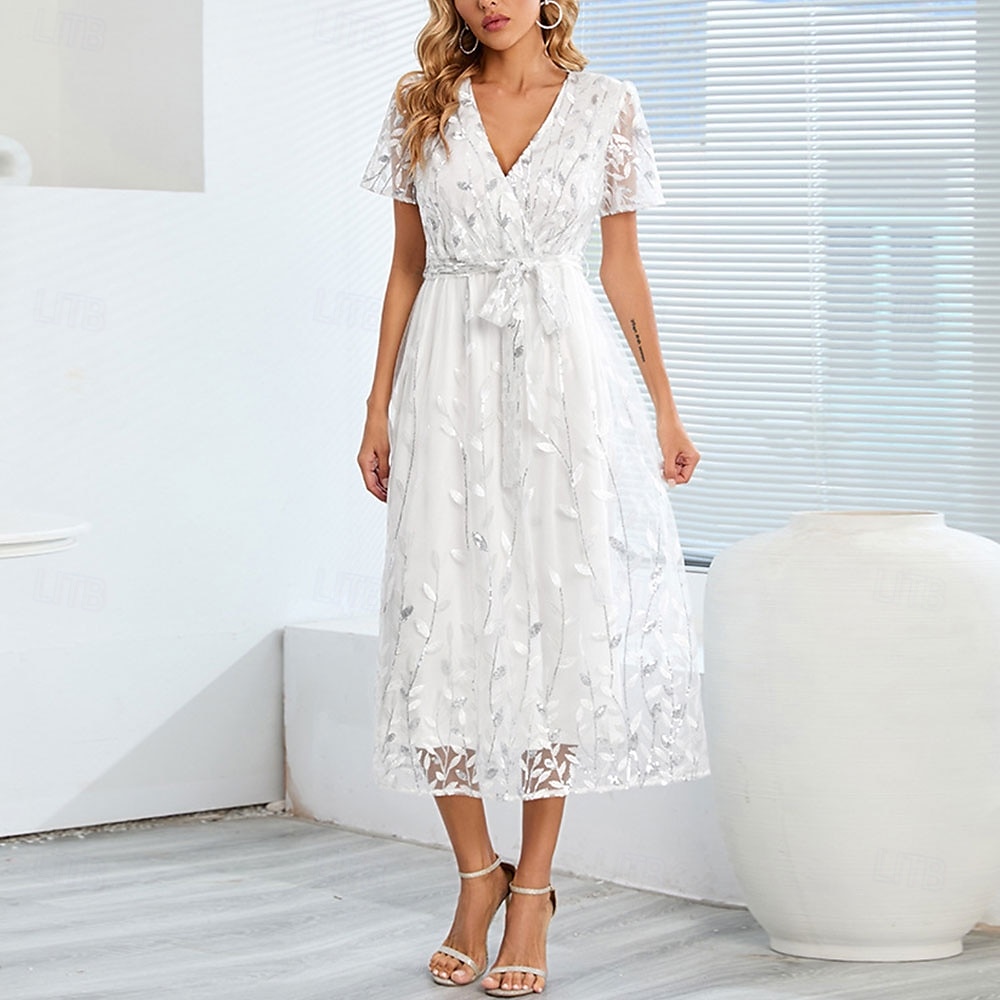 A-Linie Kleid Brautmutterkleid Elegant V Ausschnitt Bodenlang Spitze Kurzarm mit Schärpe / Band Falten 2025 2025 - $79.99 –P17