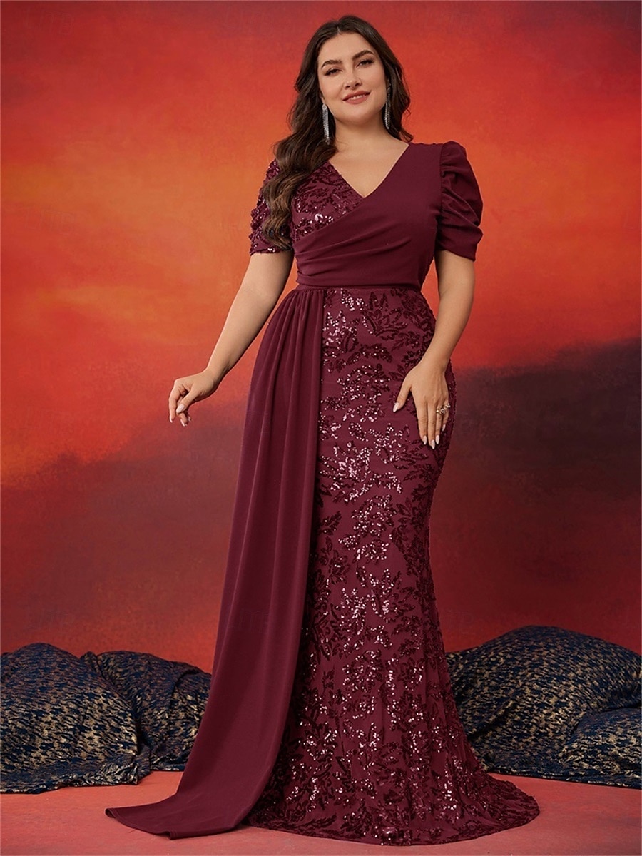 Meerjungfrau Trompete Plus Size Kleider Elegantes Kurvenkleid Formelles Hochzeitskleid Bodenlang Kurzarm V-Ausschnitt Pailletten mit Pailletten 2025 2025 - $169.99 –P17