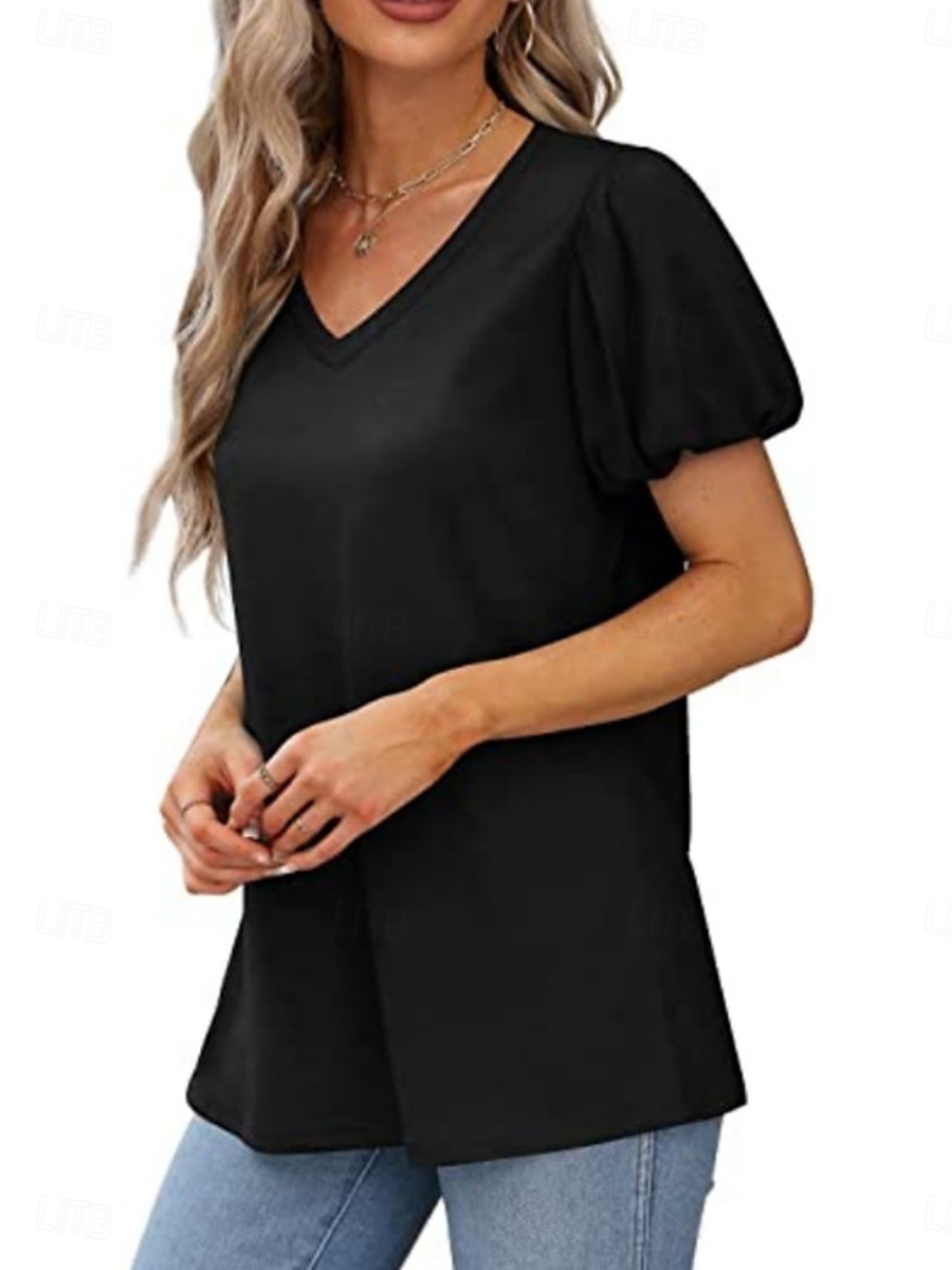 Femmes Chemisier Couleur Unie Quotidien Élégant Occasionnel Manche Courte Col en V Hauts Réguliers Quotidien Noir Blanche Vert Été Printemps de 2025 ? $17.99 –P6