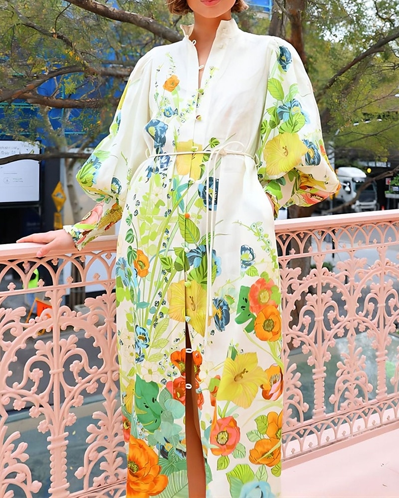 Pentru femei Rochie Lunga Rochie Maxi Rochii de in bumbac Rochie casual Modă Mâneci Bufante În aer liber Petrecere Concediu Fit regulat Floare Manșon Lung Guler Cămașă Trifoi Vară 2025 - $31.99 –P3