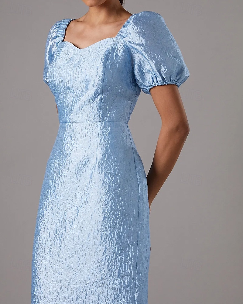 Sky Blue Jacquard Dress Column Cocktail Dresses Midi Dress Formal Semi Formal Wedding Tea Length Short Sleeve Bubble Sleeve Sweetheart Neckline Wedding Guest Dress 2025 - $123.99 –P4