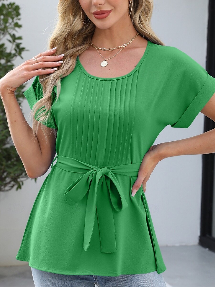 Dame Bluse Helfarge Stilfull Fritid Kortermet Crew-hals Vanlige topper Daglig Blondér Blå Fuksia Grønn Aprikos Sommer 2025 - $19.99 –P15