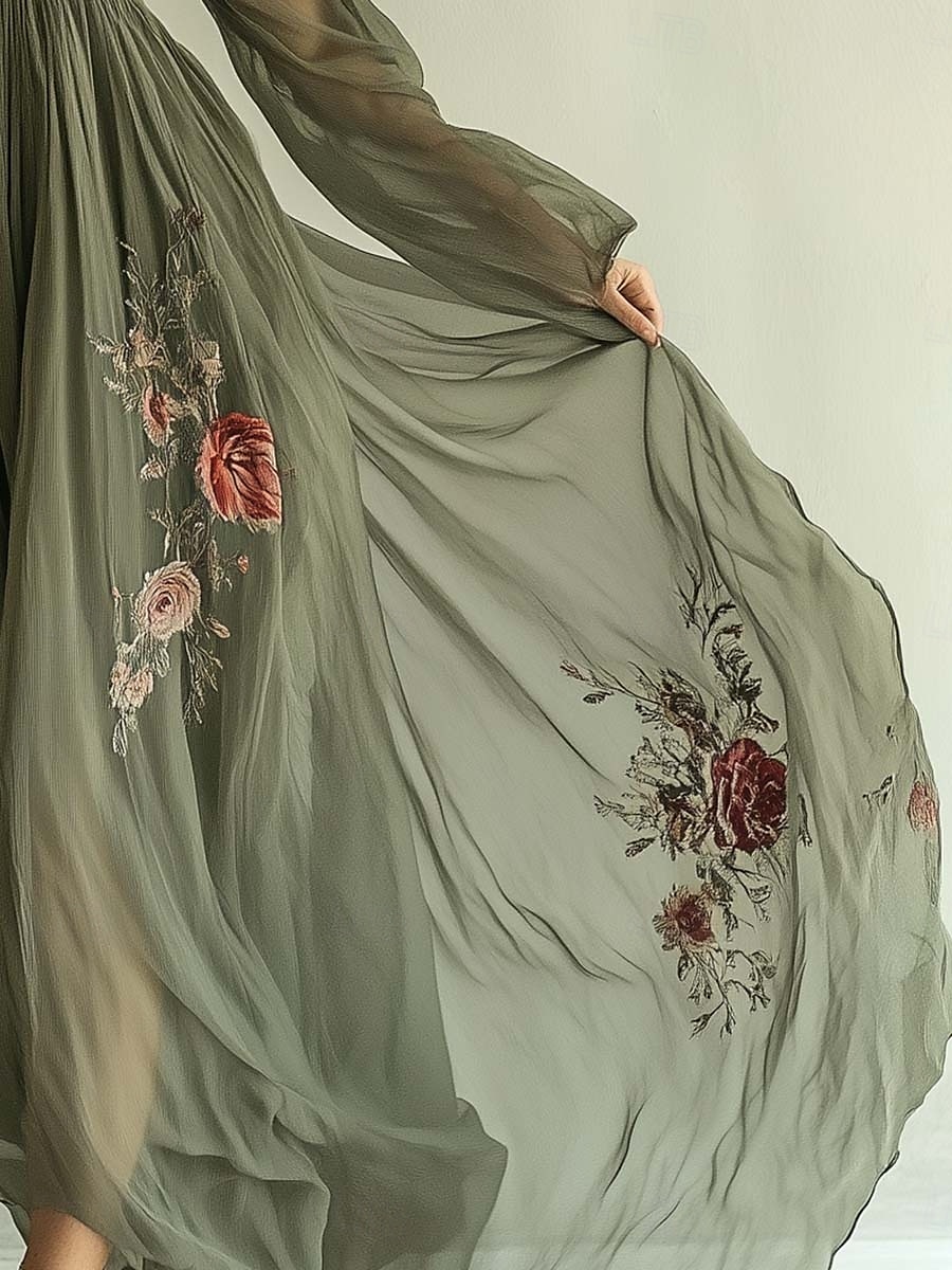 Femmes Robe maxi Robe trapèze Occasionnel Extérieur Sortir Coupe régulière Fleuri Graphique manche longue Col en V Vert Été de 2025 ? $41.99 –P2