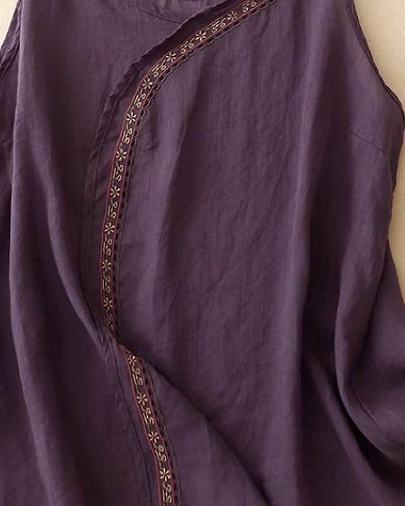 Femmes Gilet en coton et lin Chemisier Fleur Élégant Moderne Sans manches Bretelle Hauts Réguliers Fête Sortir Broderie Violet Été de 2025 ? $20.99 –P3