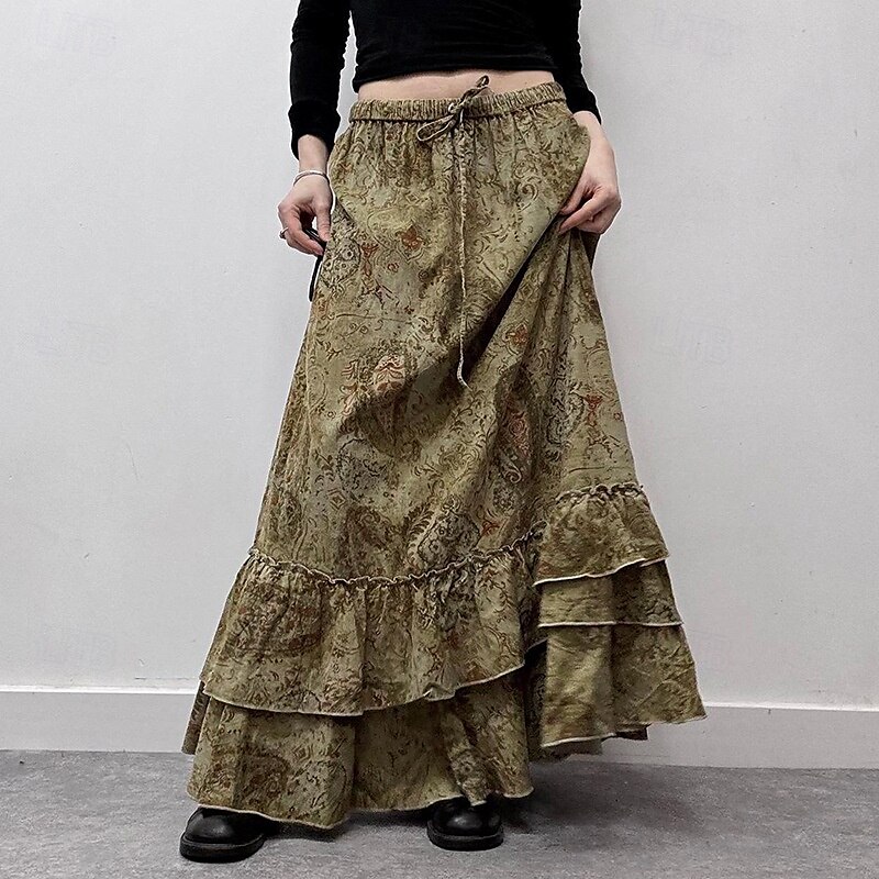 Damen Rock Rüschenrock Mode Boho Maxi Mittlere Hüfthöhe Röcke Blumen Rüsche Druck Mikroelastisch Urlaub Straße Braun Sommer Polyester 2025 - $25.99 –P1
