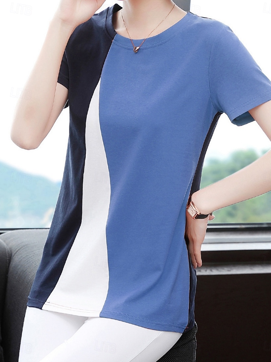Dame Bluse Geometrisk Fargeblokk Stilfull Fritid Kortermet Crew-hals Vanlige topper Daglig Trykt mønster Svart Gul Blå Oransje Brun Sommer 2025 - $13.99 –P8