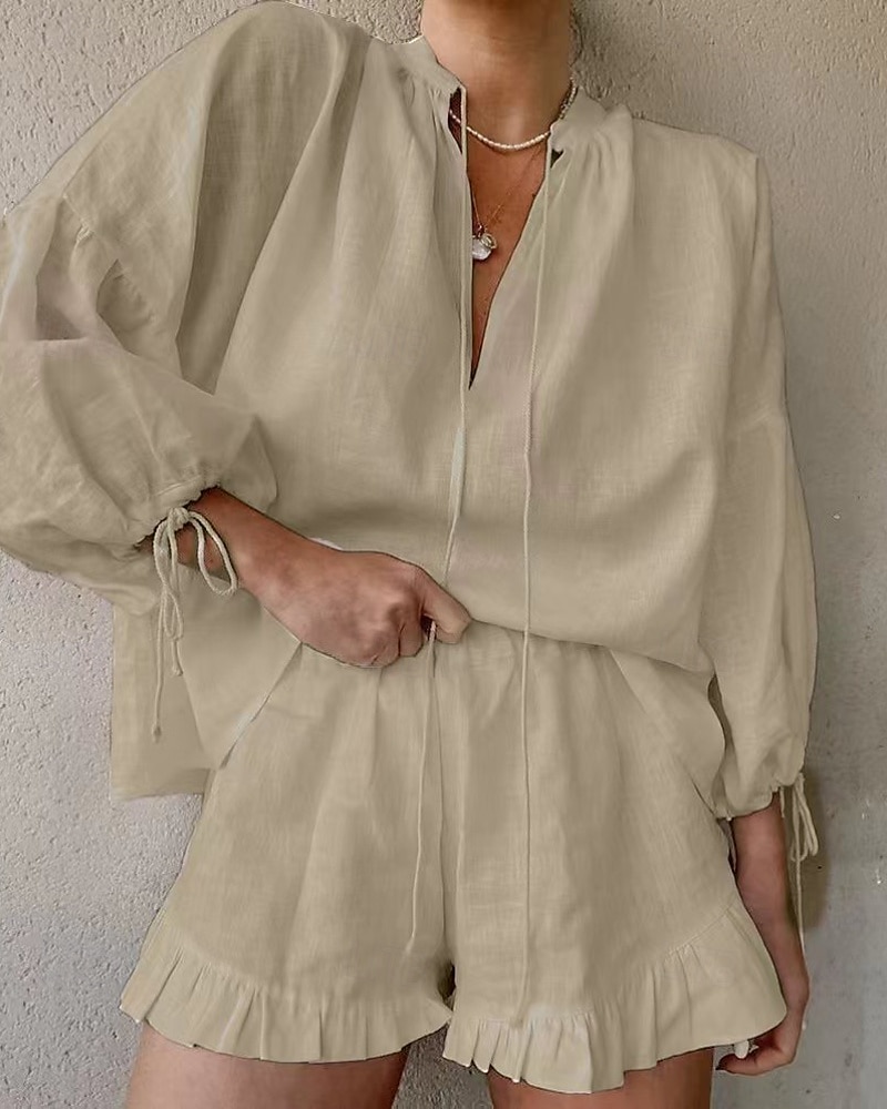 Femmes Actif Chemises en coton et lin Chemisier Ensembles de Shorts manche longue Col en V Couleur Unie Froncé Décontracté Quotidien Week-end Noir Blanche Rose Claire Été Coupe régulière de 2025 ? $24.99 –P6