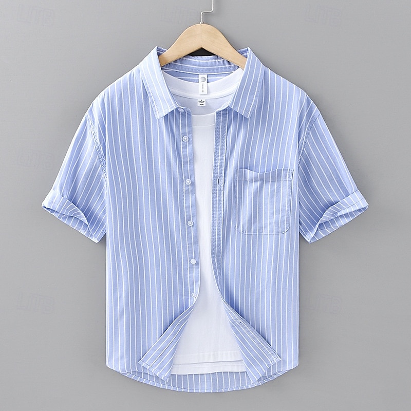 Voor heren Overhemd Zomer overhemd Normaal shirt Strand hemd Overhemd met knopen Wit blauw Groen Grijs Korte mouw Gestreept Revers Vakantie Hawaii Zak Kleding 100% katoen Modieus Casual Comfortabel 2025 - $33.99 –P2