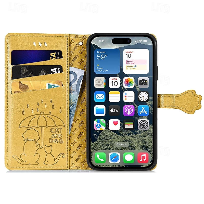 2025年 電話 ケース 用途 Apple AirTag iPhone 16 Pro Max プラス iPhone 15 14 Pro Max Plus iPhone 14 13 12 Pro Max Plus ウォレットカードケース フリップカバー リストストラップ付き 耐衝撃 猫 犬 TPU PUレザー  コレクション – €14.57 –P5