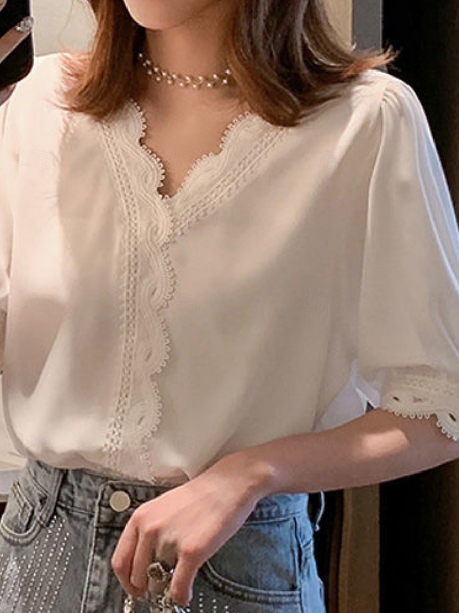 Damen Bluse Einfarbig Stilvoll Basic Lässig Kurzarm Hemdkragen Normale Oberteile Täglich Patchwork Knöpfe Spitzenbesatz Weiß Sommer 2025 - $13.99 –P3