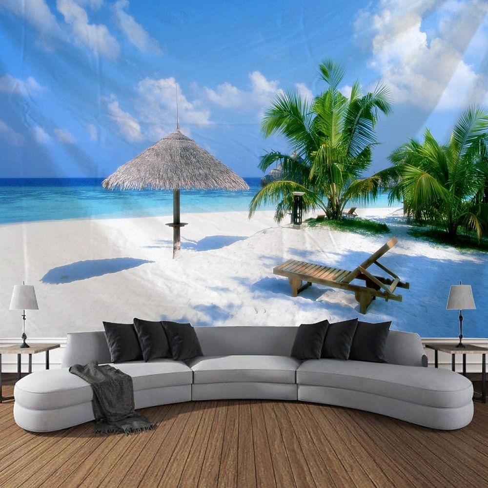 strand hav kokospalmer havutsikt soloppgang landskap billedvev dekorativ kunst teppe gardin hengende hjem soverom stue dekorasjon 2025 - $14.99 –P3