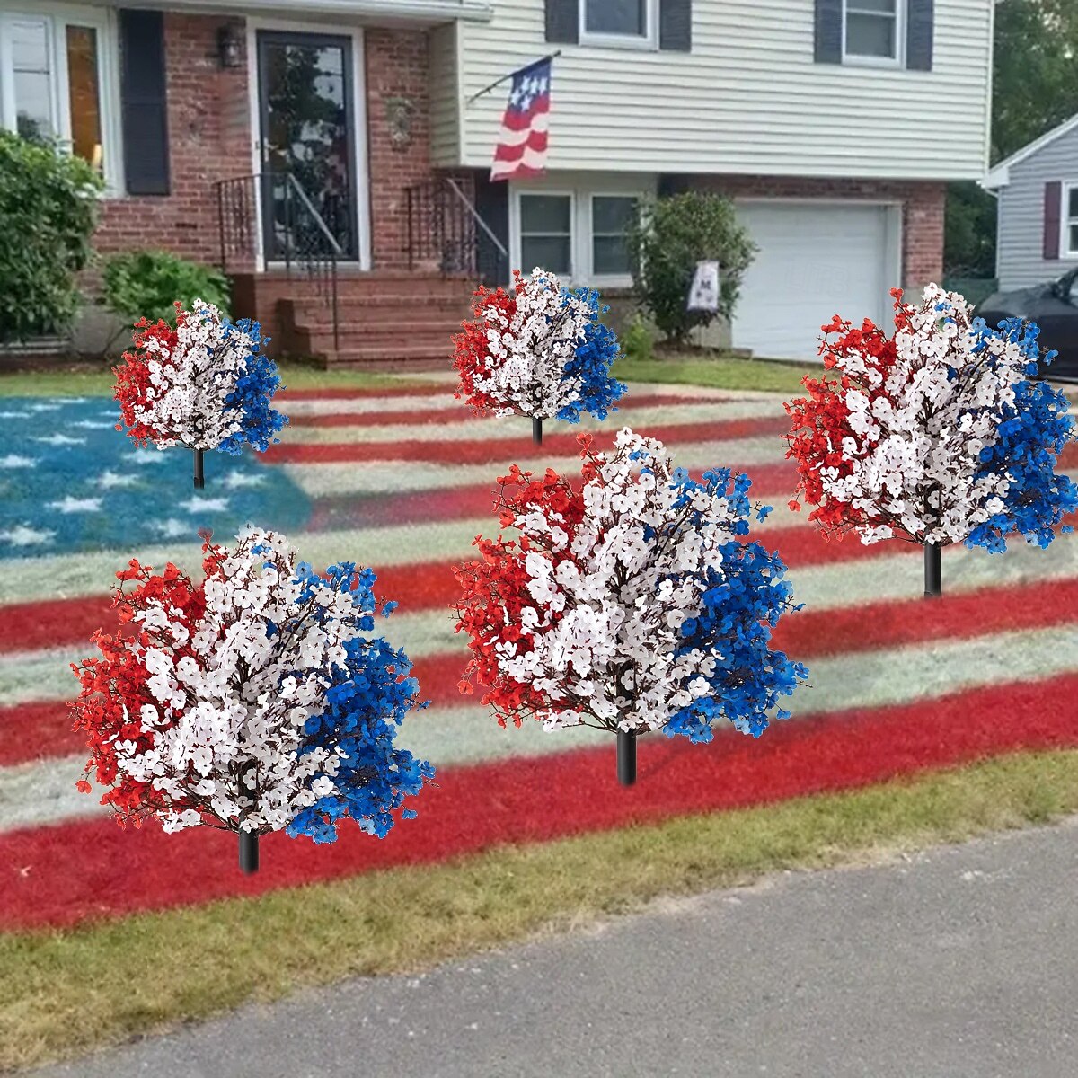 Patriotic Artificial Flower Stakes, 4th of July Red White Blue Gypsophila with Flags and Ground Picks, Memorial Day Grave and Yard Decorations for Veterans Day, Independence Day Decor 2025 - $34.99 –P6