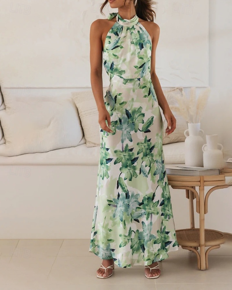 Women's Long Dress Maxi Dress Floral Dress Halter Neck Dress Fashion Modern Vacation Going out Weekend Regular Fit Flower Sleeveless Halter Neck Yellow Pink Green Summer 2026 - $27.99 –P15