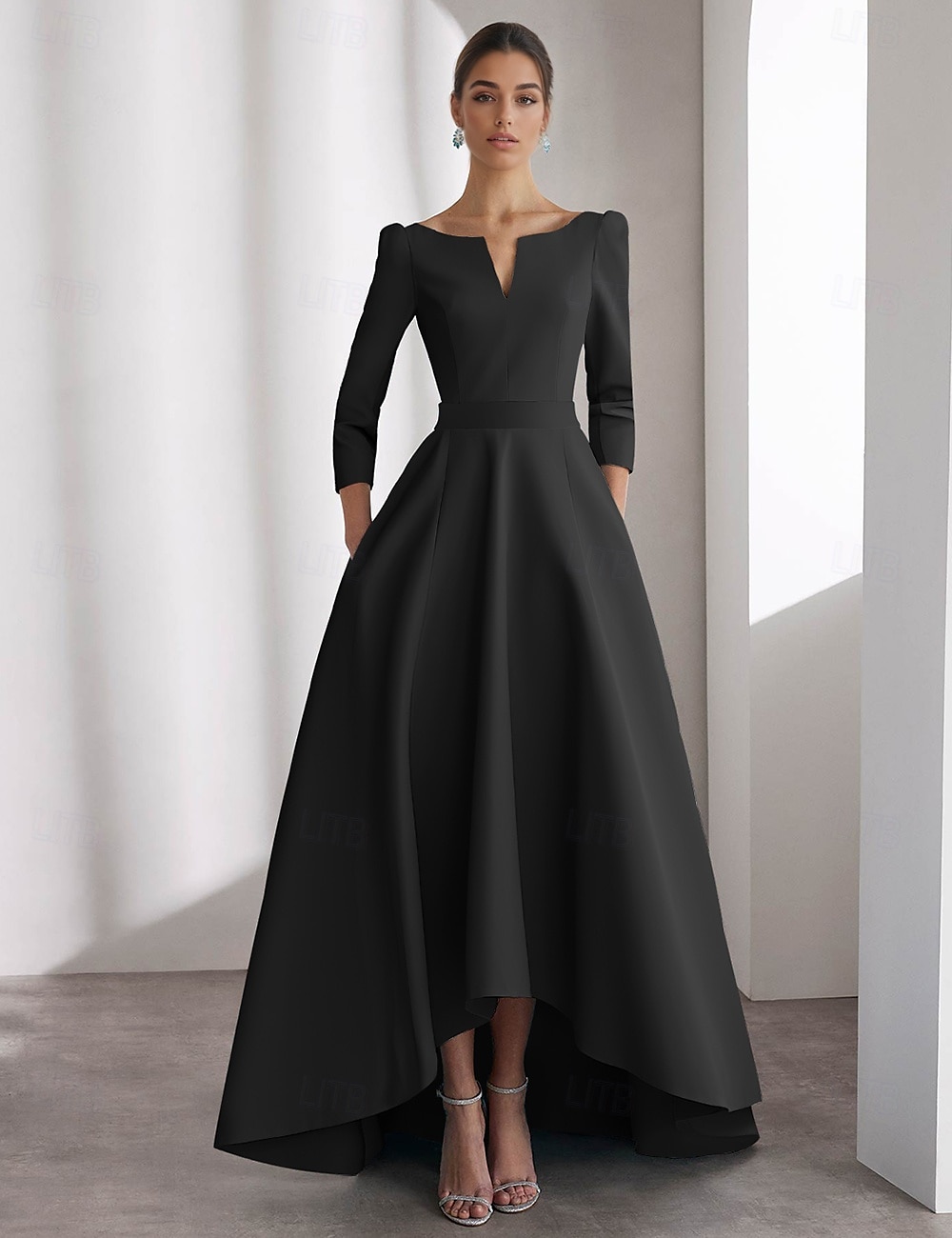 Abiti da Cocktail A-Line Blu Abito Elegante Formale Matrimonio Asimmetrico Maniche Lunghe Scollo a V Satin con Tasche del 2025 a $127.99 –P4