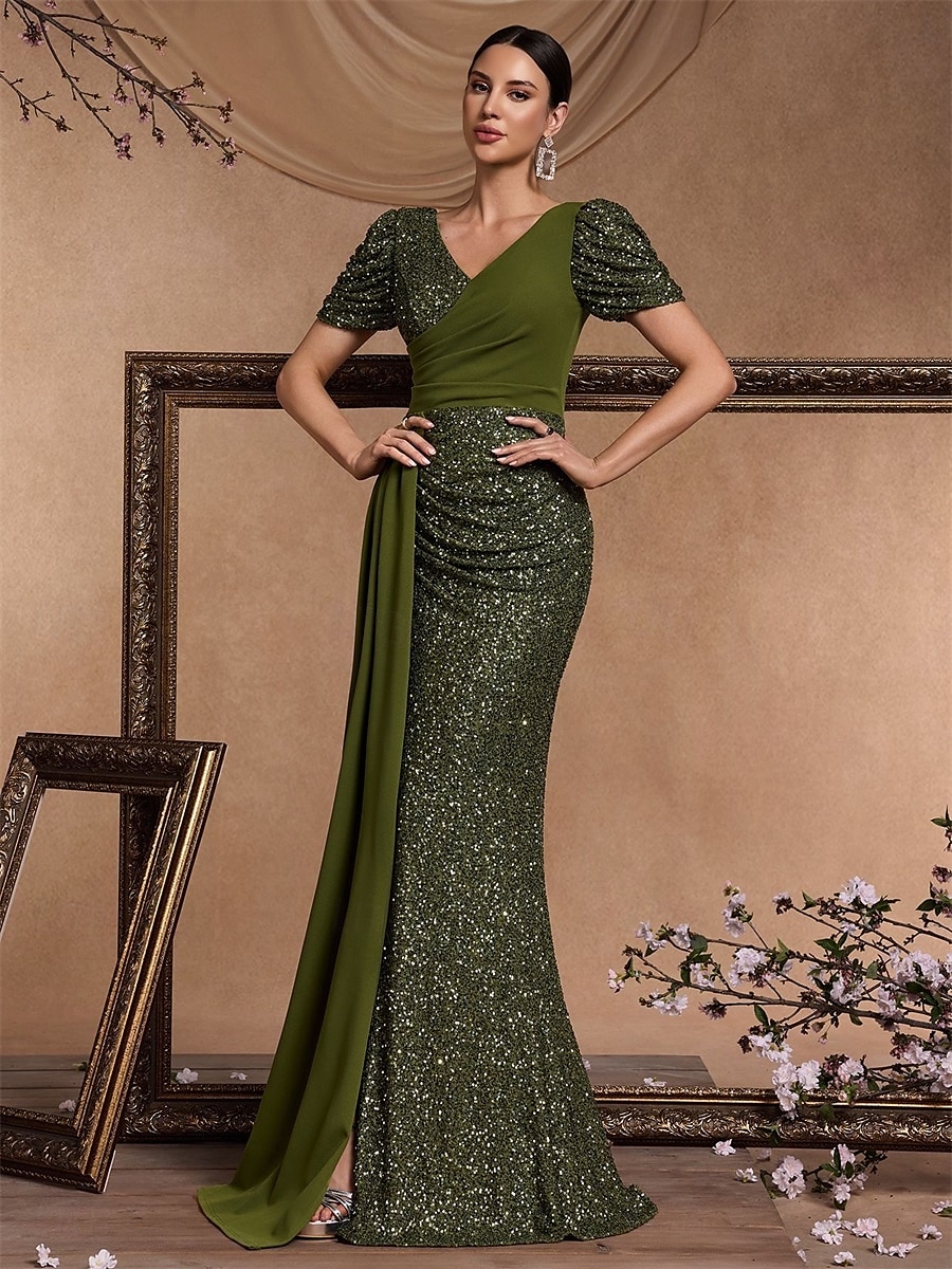 Robes de Quinceanera A-Line Robe élégante Mariage formel Longueur au sol Manches courtes Col en V Pailletée avec sequins de 2025 ? $124.99 –P4