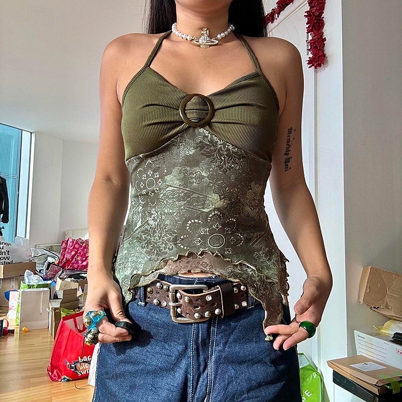 Pentru femei Cămașă Boho Bluză Floare Modern Boho Fără manșon Gâtul halter Topuri obișnuite Zilnic Concediu Ieșire Imprimeu Maro Trifoi Vară 2025 - $21.99 –P3