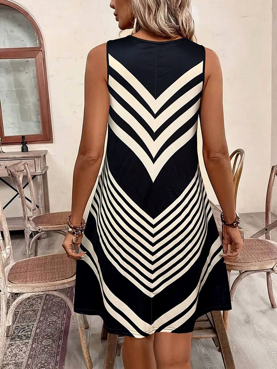 Pentru femei Rochie Mini Rochie de Vară Rochie A line Rochie de vară Vacanță Casual Fit regulat Grafic Geometric Dunga Fără manșon În U Negru și Alb Albastru piscină Kaki Vară Primăvară 2025 - $21.99 –P6