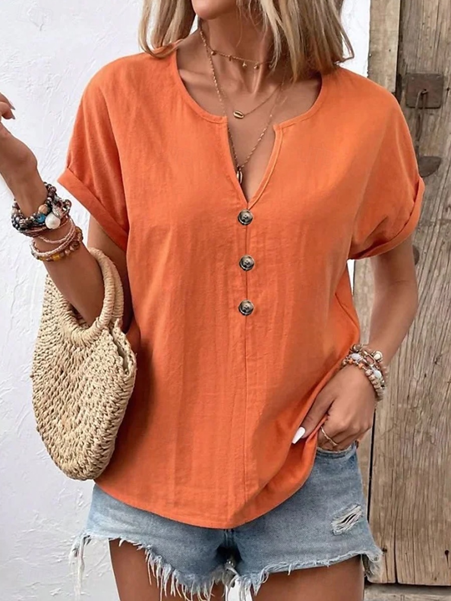 Per donna Blusa Tinta unica Semplice Elegante Vintage Casual Manica Corta Scollo a V Collo a V Top Regolari Quotidiano Ferie Bottoni Bianco Rosso Blu marino Arancione Beige Estate Primavera del 2025 a $19.99 –P2