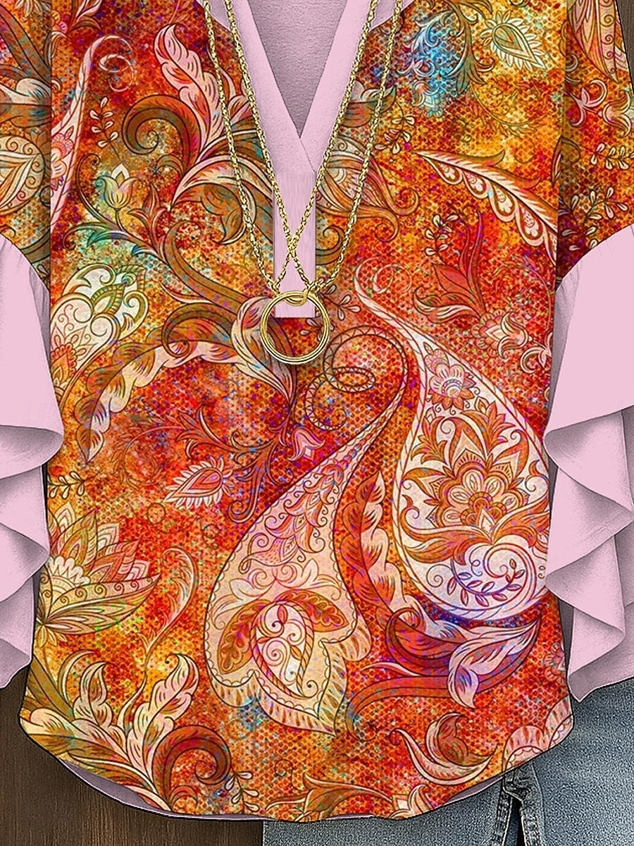 Dámské Halenka Grafika Kašmírový vzor Elegantní Čechy Geleneksel 3/4 délka rukávu Do V Běžné topy Denní Dovolená Oblečení na dovolenou Volány Tisk Rubínově červená Vodní modrá Fialová Oranžov 2025 - $29.99 –P3
