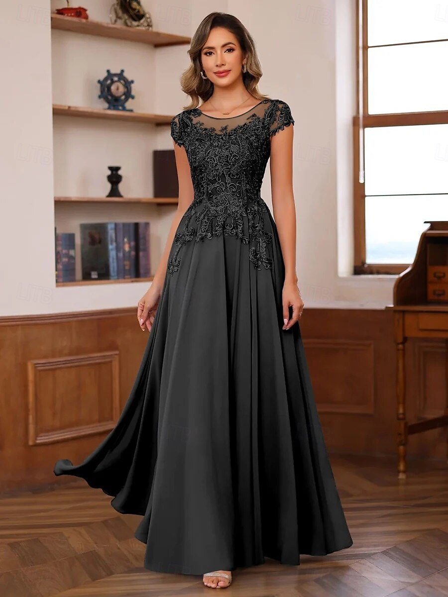 Blue Red A-Line Mother of the Bride Dress Elegant Luxurious Boat Neck Floor Length Chiffon Lace Short Sleeve with Tier Cascading Ruffles 2025 2025 - $139.99 –P5